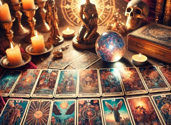 DALL·E-2025-01-07-17.05.11-A-vibrant-and-mystical-depiction-of-tarot-reading-showing-an-array-of-beautifully-illustrated-tarot-cards-laid-out-in-a-captivating-spread.-The-scene