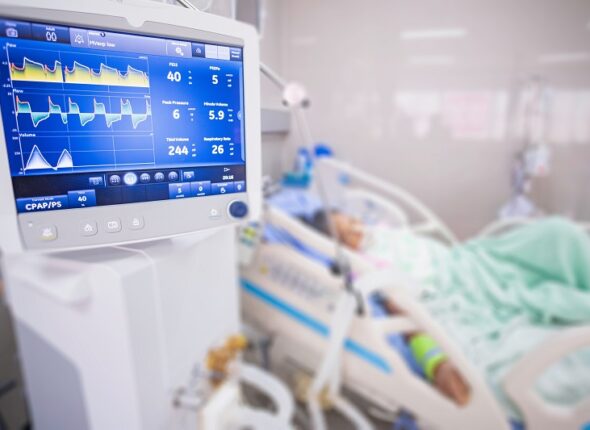 Ventilator monitor ,given oxygen by intubation tube to patient,